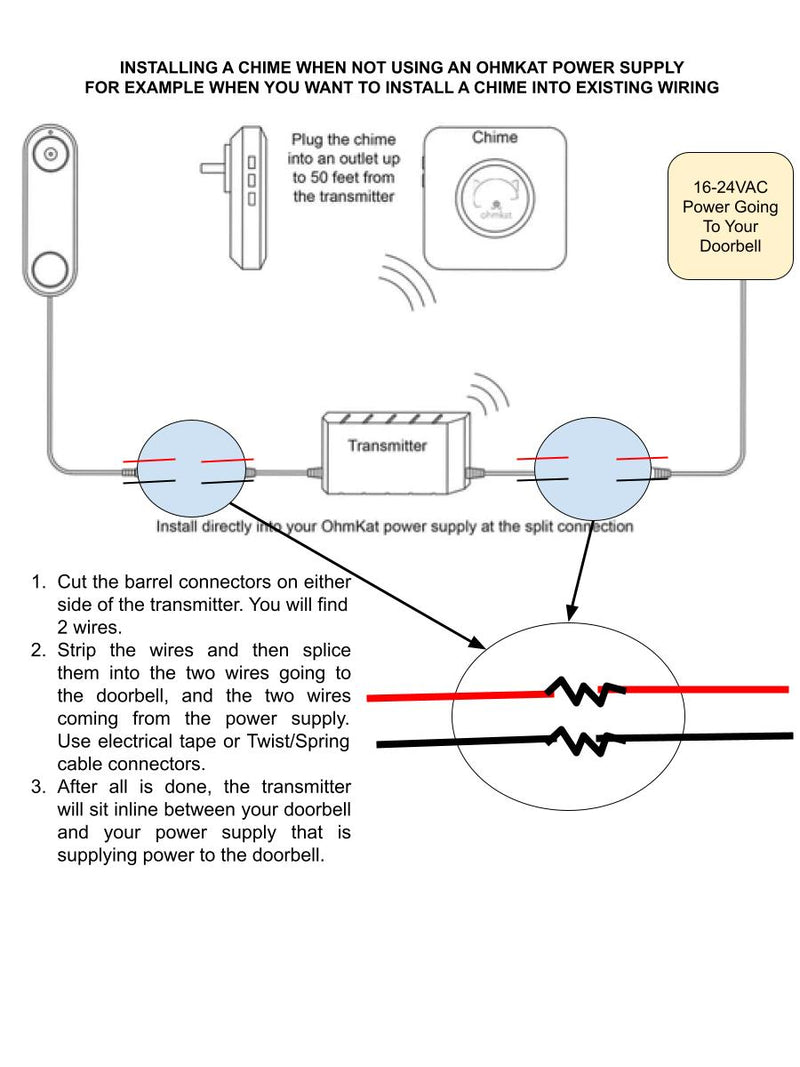 OhmKat Video Doorbell Power Supply- Compatible with Nest Hello - No Existing Wiring Required (Black)